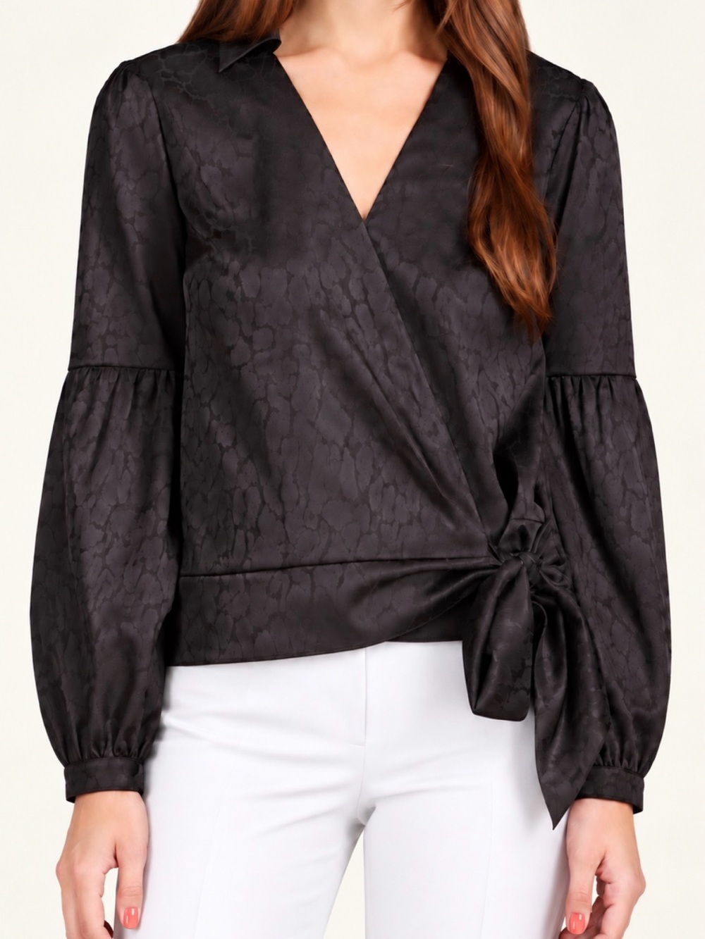Michael Kors Black Jacquard Wrap Blouse with Side Tie size M